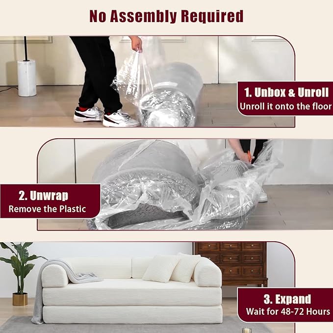 JJJ 78 inch Sofa Bed 4-in-1 Boneless Convertible Corduroy Sleeper Folding Couch with Fixed-Shape Frame and 2 Pillows Futons No-Assembly 3 Seater Upholstered for Living Room (Beige 78 inch)