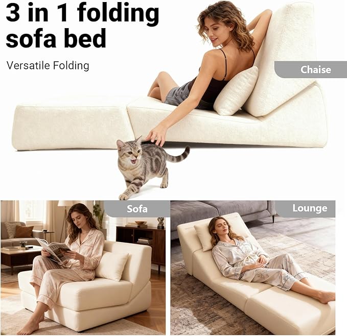 Folding Sofa Bed Chair 3 in 1 Convertible Sleeper Chair Bed w/Pillow Handle Floor Sofa Lounge w/Back Support &amp Removable Washable Cover for Living Room Bedroom Apartment (White) | Washable Cov