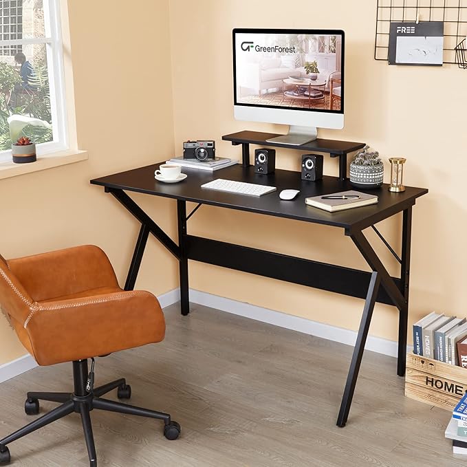 GreenForest Home Office Desk with Monitor Shelf Computer Gaming Desk 47 inch Writing Study Table for Workstation Black