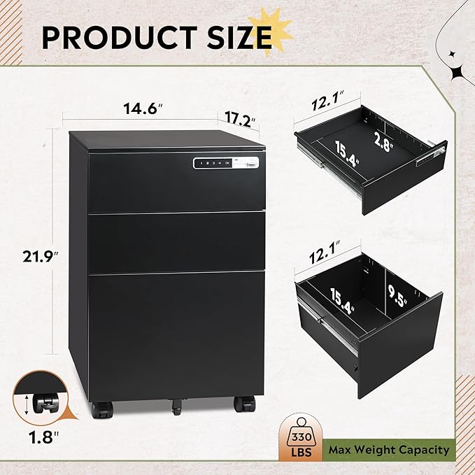 DEVAISE 3 Drawer File Cabinet with Combination Lock Fully Assembled Metal Filling Cabinet Except Wheels Mobile Under Desk File Cabinets for Home Office Black