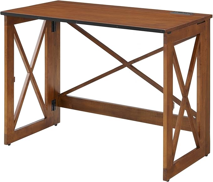 MECO Stakmore 110 Volt Stylish Versatile Expandable Folding Desk with Built in Outlets for Home Office Den or Living Room Fruitwood