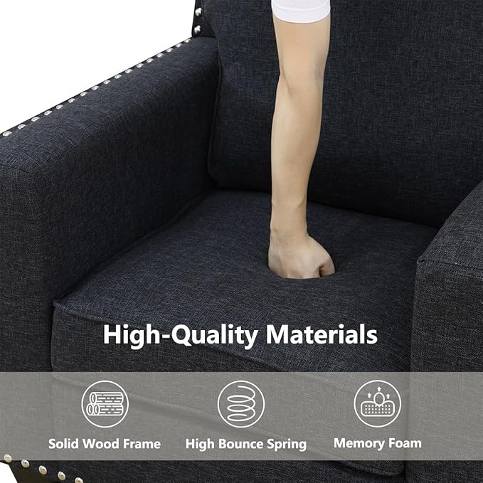 Mid Century Fabric Accent Chair with Arm Rest and Cooper Nail Modern Linen Armchair with High-Density Foam Cushion Comfy Sofa Couch for Small Place/Dorm/Cafe Living Room Couch Set(Black-LinenChair)