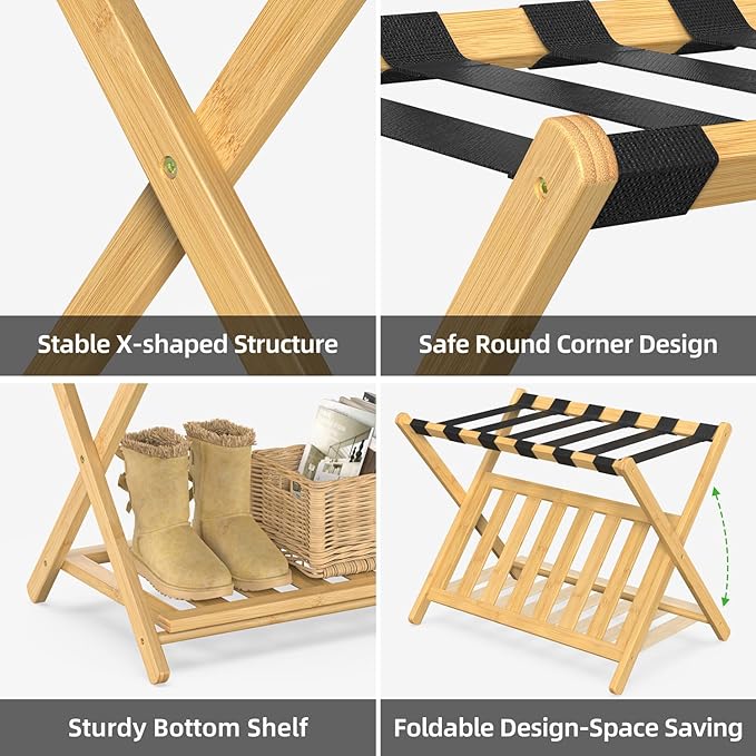 2 Pack Bamboo Luggage Rack for Guest Room 26.77 Folding Wide Suitcase Stand with Storage Shelf Thickened Luggage Stand Holder for Bedroom Hotel Luggage Rack for Suitcases (Natural)
