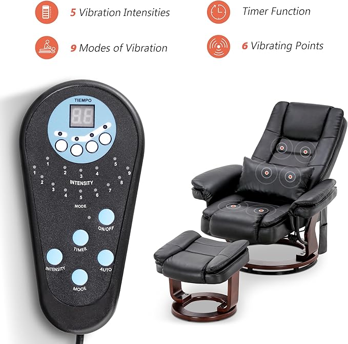 MCombo Swivel Recliner with Ottoman Chair TV Chair Sets with Vibration Massage for Small Space Living Room Bedroom 9096 9099 (Textile Black)