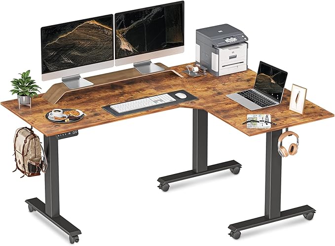 BANTI Triple Motors L-Shaped Electric Standing Desk 63 Inches Adjustable Height Stand Up Desk Sit Stand Home Office Desk with Rustic Brown Top/Black Frame