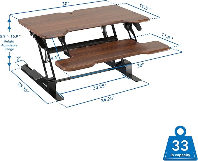 Mount-It! Height Adjustable Standing Desk Converter Compact 30” Wide Tabletop Standing Desk Riser with Gas Spring Desktop Stand Up Workstation with Keyboard Tray Fits Monitor or Laptop Dark Walnut