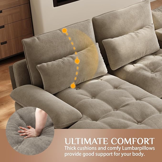 134U Shaped Sectional Couches for Living RoomOversized Modular Sectional Fluffy Couch with Chaise Lounge &amp Tufted ButtonsModern Chenille 6 Seat Living Room Sofa Set with Storage ConsoleCamel