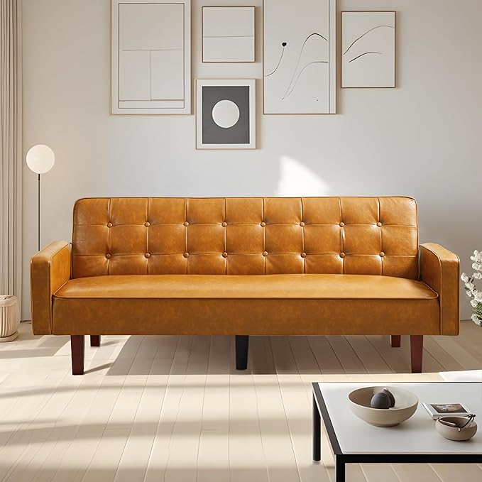 74 Futon Sofa Bed Mid Century Modern Futon Couch Small Sofa Cama Loveseat Small Couches for Living Room Office(Faux Leather Brown)