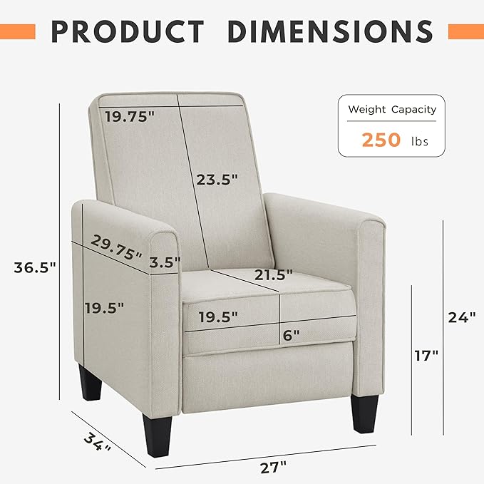 24/7 Shop at Home Mulvane Modern Recliner Chair with Push Back &amp Foot Rest Single Couch with Fabric Upholstered &amp Plastic Legs Sofa Reclinable Individual for Bedroom Living Room Home Offic