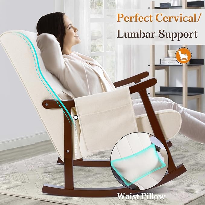 NOBLEMOOD Upholstered Rocking Chair with Ottoman Modern Indoor Nursery Glider Rocker Chair Solid Wood High Back Armchair with Fabric Padded Seat for Living Room Bedroom