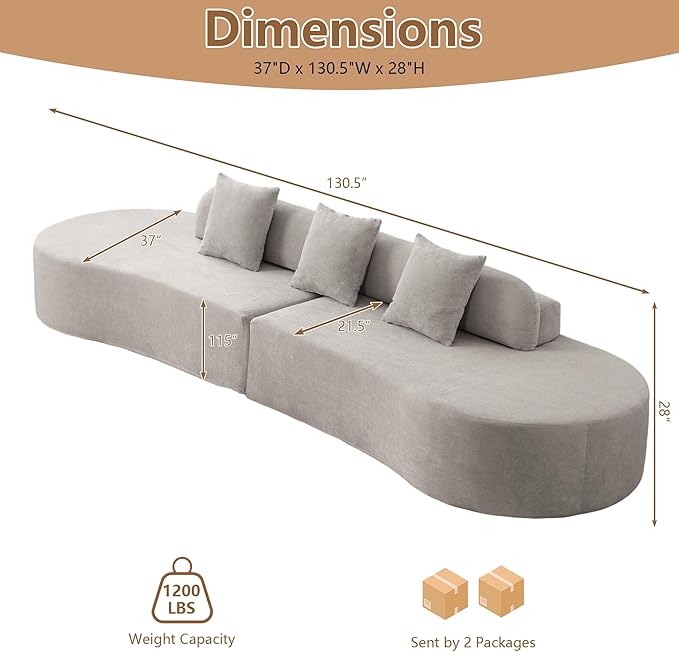 GNIXUU 130.5 Oversized Curved Sectional Sofa for Living Room Modern Luxury Terrycloth Boneless 4 Seater Cloud Couch with Half Moon Design &amp 3 Pillows Modular Memory Foam Couches No Assembly G