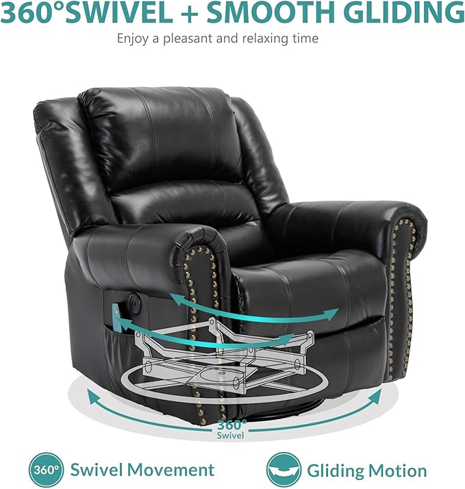MEETWARM Massage Swivel Rocker Recliner with Heat and Vibration Manual Glider Rocking Recliner Chair 360°Swivel Lounge Reclining Chair with Remote Control/USB Ports for Living Room(Black)