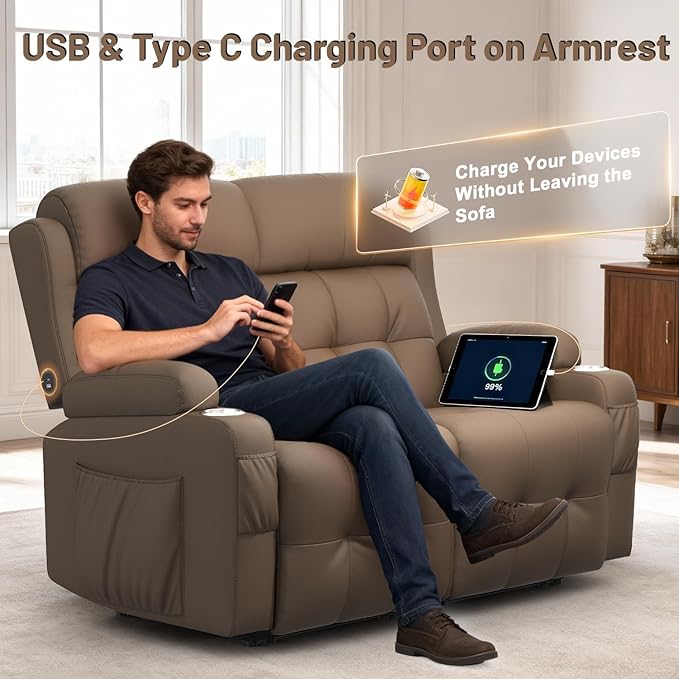 Reclining Loveseat Wall-Hugger Loveseat Recliner Design with USB/Type C Charging &amp Storage &amp Cupholder Pebble-Weave Fabric Recliner Sofa Couch for Living Room Home Theater &amp RV Use