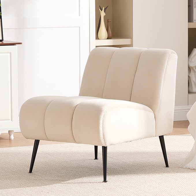 Armless Accent Velvet Chairs Set of 2 Single Sofa Chair Mini Cute Side Sofa with Upholstered Cushion for Small Space Apartment Bedroom Living Room Beige.