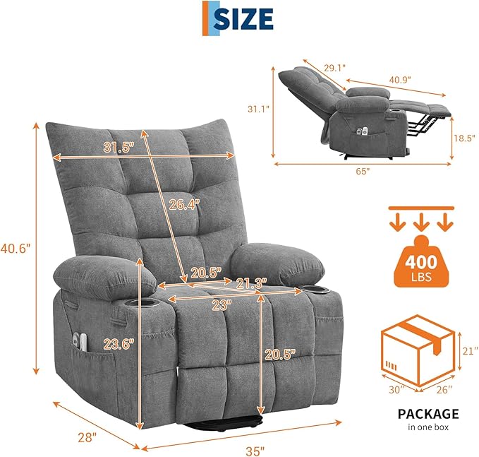 GarveeHome Power Lift Recliner Chair for Elderly with Massage and Heat Oversized Electric Massage &amp Heat Recliner with Soft Padded Upholstery Side Pocket &amp Cup Holders for Living Room Gray
