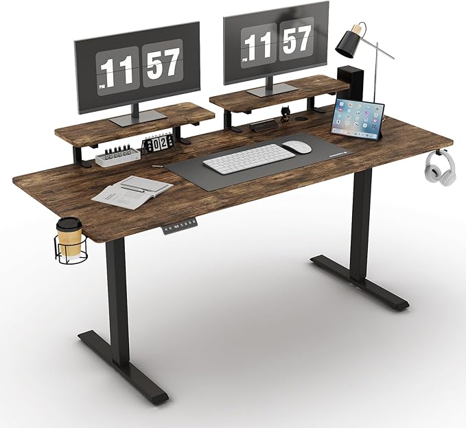 63 x 24 Inches Electric Standing Desk with 2 Monitor Shelves Adjustable Computer Desk from 28-46'' Sit to Stand UpHome Office Desk with Memory Controlller for Workstations Rustic Brown