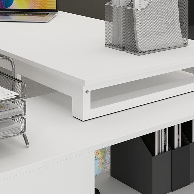 Hitow Reversible Office Desk with Storage Cabinet Executive Computer Desk Writing Table Rotatable to 96.4 Wide or as L Shape Desk Metal Legs Corner Workstation for Home Office White