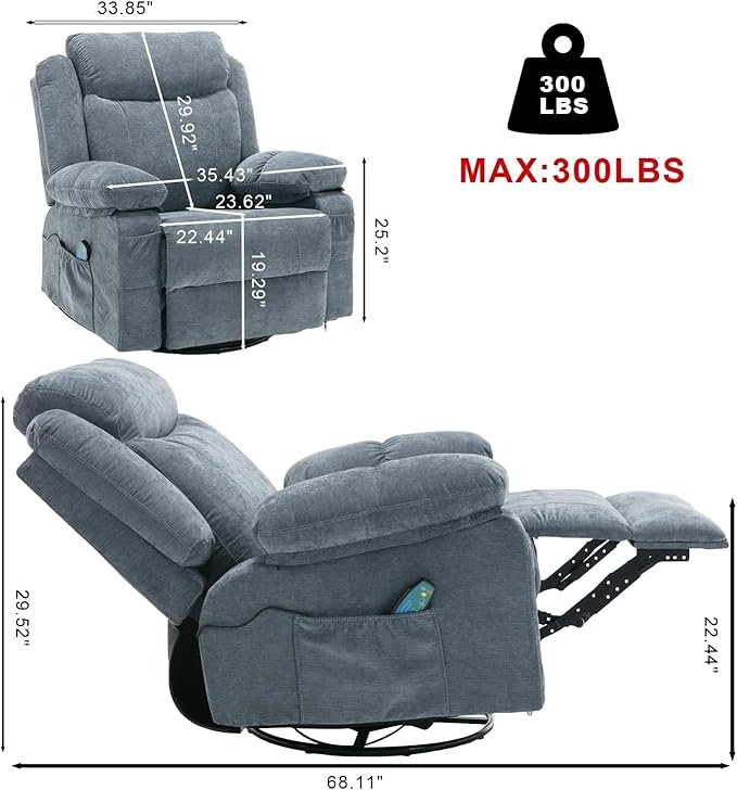 Swivel Rocker Recliner Chair Overstuffed Fabric Massage Recliner Chairs with Heat for Adults Oversized Reclining Sofa Manual Home Theater Rocking Recliner Lounge ChairsBlue