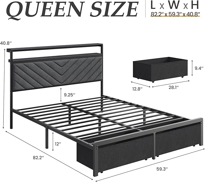 Queen Bed Frame with 2 Drawers Upholstered Headboard with Storage and Charging Station LED Lights Fabric Drawers with Wheels Under Bed Storage No Box Spring Needed Easy Assembly Grey