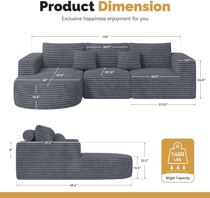 110”Sectional Couches for Living RoomModular l Shaped Cloud CouchBoneless ComfyModern Sofa with ChaiseDeep Seat Convertible Sleeper Sofa BedNo Assembly RequiredGray1pcs