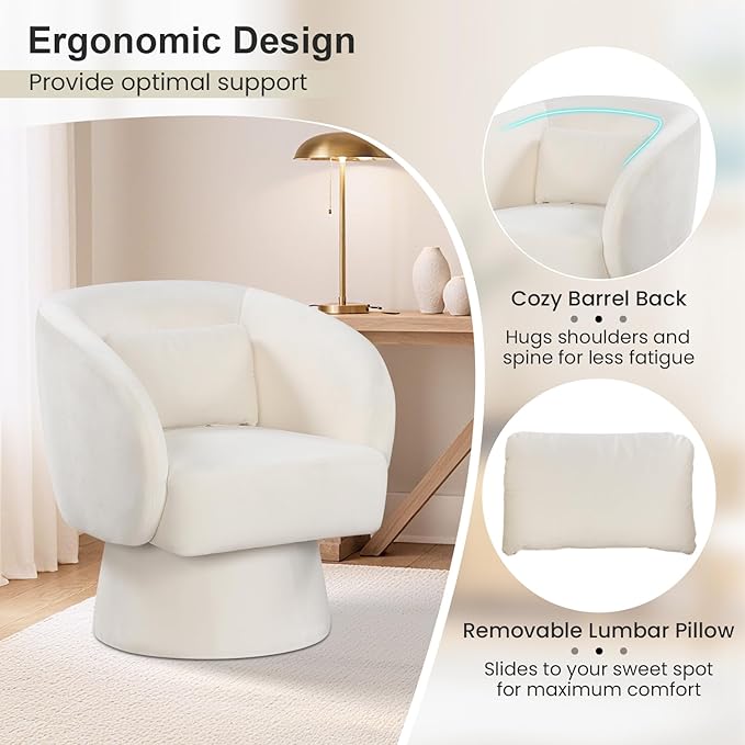 Giantex Swivel Accent Chair Upholstered Barrel Chair with Curved Back &amp Removable Lumbar Pillow Comfy Round Armchair with 360° Rotating Function Single Sofa Chair for Living Room