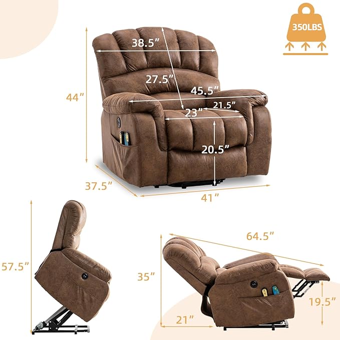 Large Electric Power Lift Chairs Recliners for Elderly Big Man with Massage and Heat Oversized Wide Reclining Chairs for Living Room with 2 Remote Controls/USB Ports/Side Pockets(Brown)
