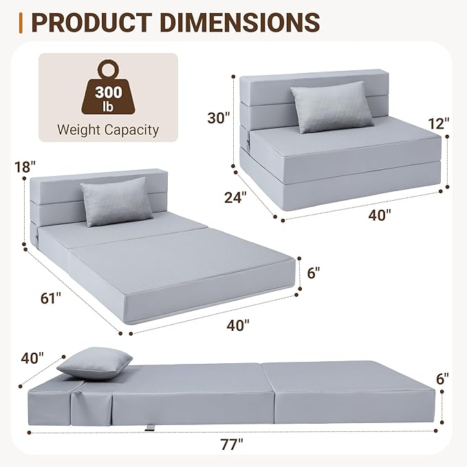 BeBen Folding Sofa Bed Boneless Foldable Chair Bed Convertible Futon Sleeper Chair Couch Twin Lazy Floor Lounger Sofa Couch for Small Spaces Dorm Guest Room Living Room Apartment Grey