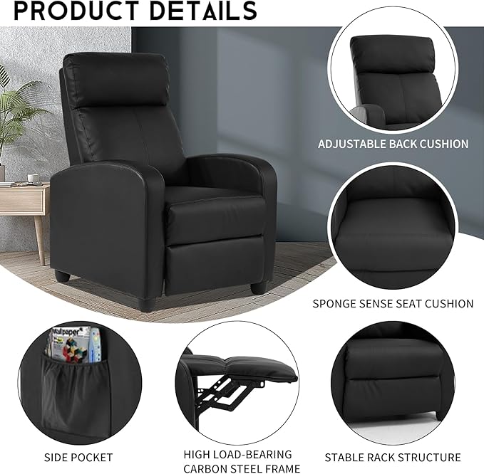 Electric Massage Chair Recliner Chair for Living Room Massage Recliner Adjustable Remote Controlled Leather Massage Chair Single Home Seating for Adults with Footrest Pockets (Black)