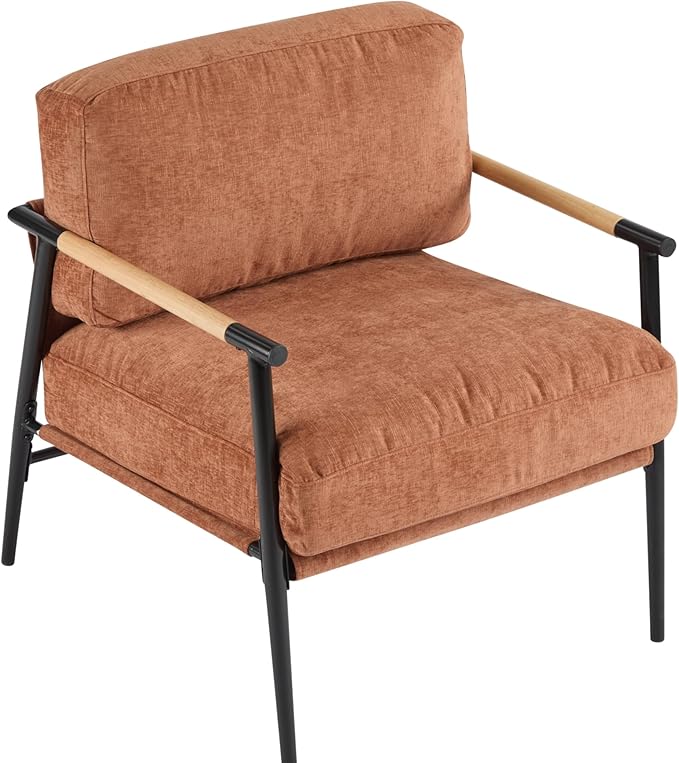 Modern Accent Chair Lounge Arm Chair Upholstered Armchair with Plush Cushions Single Chairs with Metal FrameWooden Armrest - Perfect for OfficeLiving RoomBedroomOrange