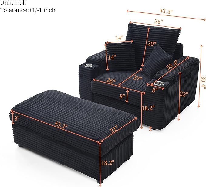 43.3 W Corduroy Chaise Lounge Chair with with Cup Holders &amp Storage Ottoman Comfy Sleeper Chair with 2 Pillow Extra Wide Armrests Modern Deep Seat Reading Armchair for Living Room (Black)