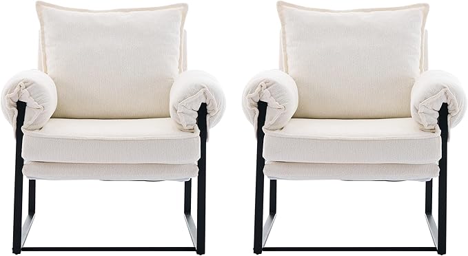 YITAI Modern Fabric Accent Chair with Adjustable Backrest for Living Room Comfy Reclining Chair for Lounge for Reading Upholstered Chair with Metal Legs2PC(White)