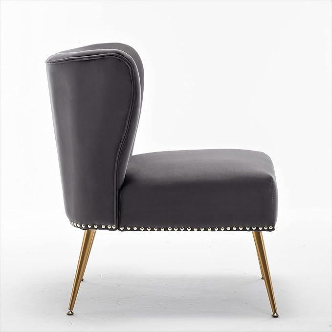 Thia Armless Velvet Accent Chair for Living Room Elegant Seat with Nailhead Trim Gold Metal Legs and Comfortable Curved Back 28 D x 25 W x 29.5 H Grey