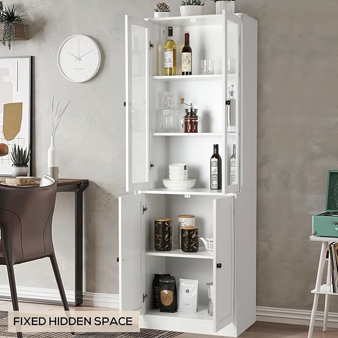 VOWNER Vertical File Cabinet 3-Tier Modern Bookshelf with 3 Large Drawer Wood Filing Cabinet with Open Storage Shelf Glass Doors and Adjustable Shelves for Home Office White (B)