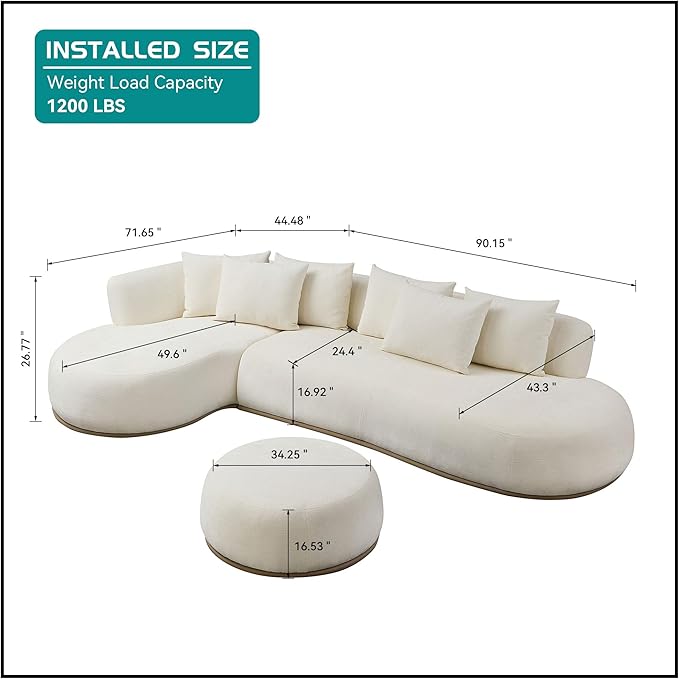 kevinplus 134.63'' Large Sectional Curved Sofa Couch with Chaise Lounge &amp Ottoman for Living Room Oversize L-Shape Modern Sectional Sofa Couch Wood Structure &amp Easy Assembly (Left-Facing Be
