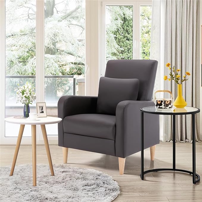 COLAMY Modern Upholstered Accent Chair Armchair with Pillow PU Leather Reading Living Room Side ChairSingle Sofa with Wood Legs Brown