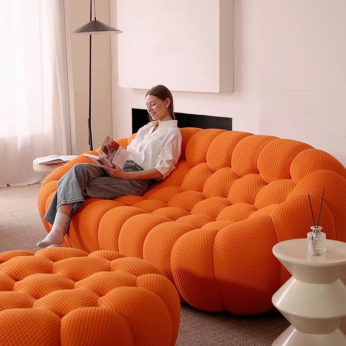 Bubble Couch 78.74'' Curved Loveseat Couch Memory Foam Bubble Sofa Round Lazy Floor Sofa 3D Honeycomb Shape Curved Sofas for Living Room (Orange)