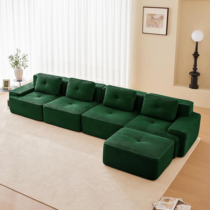 153 Modern Corduroy Cloud Sofa with Ottoman L Shaped Boneless Modular Large Sectional Couches for Living Room Green 4 Seater Compressed Memory Foam Couch Extra Deep Seat No Assembly