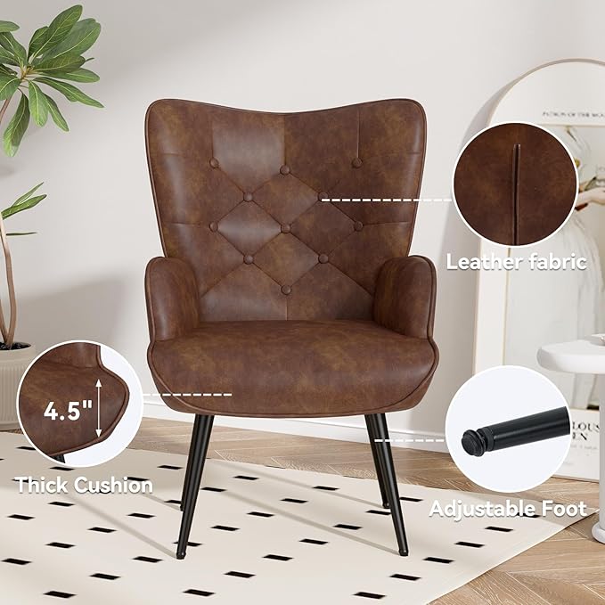 Nalupatio Mid Century Modern Accent Chair Set of 2 PU Leather Upholstered Tufted Button Chairs Living Room Reading Wingback Armchair Side Chair for Living Room Bedroom Brown