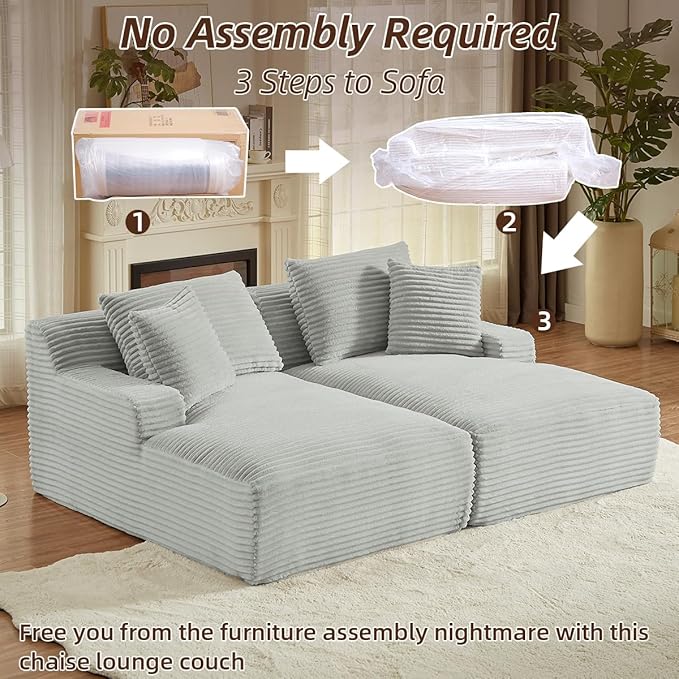 Oversized Double Chaise Lounge Chair IndoorWide Corduroy Boneless Chaise Lounges SofaComfy Upholstered Cloud Couch No Assembly Required Loveseat Sleeper Chair Bed for Living Room(Light Grey)