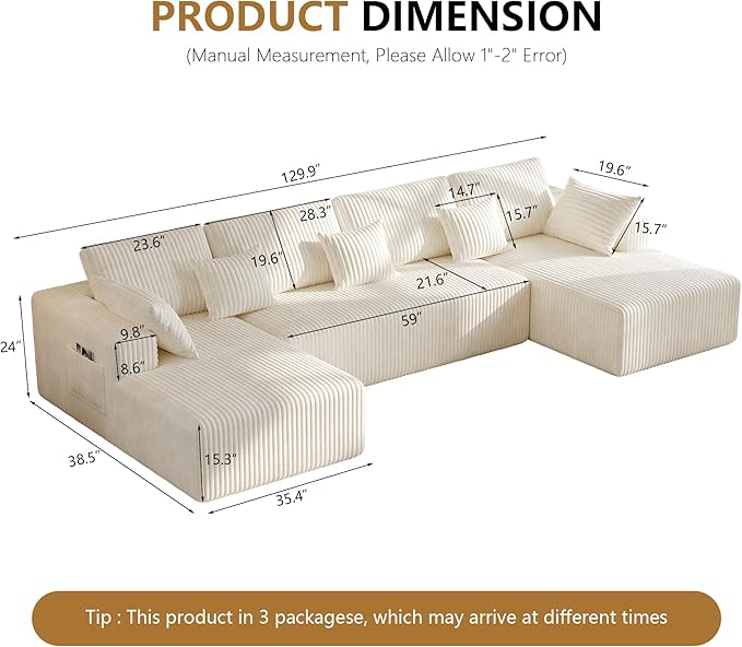 129 U Shape Sectional Sofa 6 Seat Memory Foam Cloud Couch No Assembly Required Oversized Chaise Modular Couches for Living Room Office Apartment - Left/Right Facing Chaise White