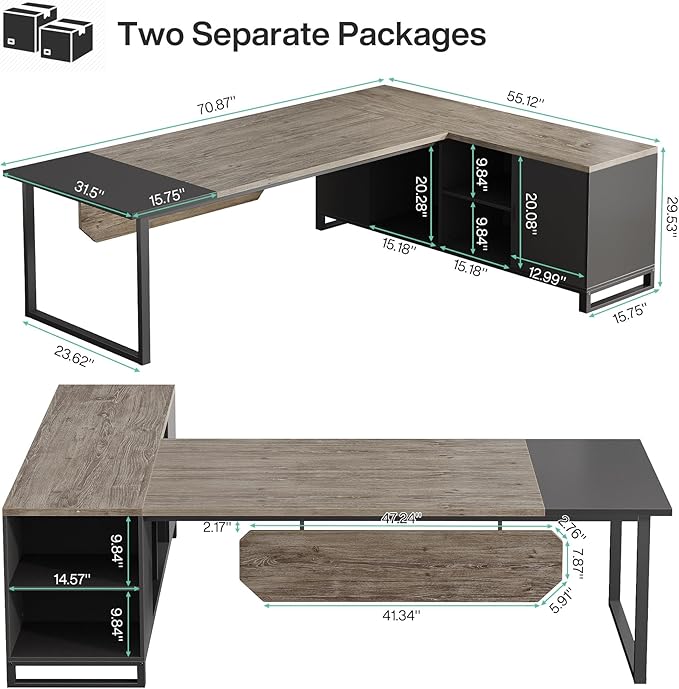 Tribesigns 70.8 Executive Desk with 55 File Cabinet Industrial L Shaped Computer Desk with Storage Shelves and Cabinet Large L Shaped Executive Desk for Home Office Retro Gray &amp Black