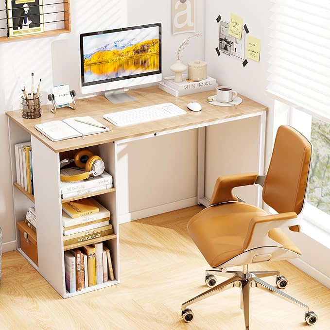 Tangkula Computer Desk with Storage Shelves Home Office Desk with 5 Side Shelves &amp Metal Frame Space Saving Laptop PC Desk Writing Study Desk Modern Vanity Desk for Bedroom (Natural)