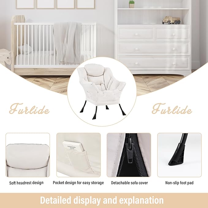 Lazy Chair for Living Room Modern Accent Chairs with Armrests Beige Armchairs with Side Pocket Cozy Lazy Sofa for Reading Balcony Bedroom Dorm Small Spaces