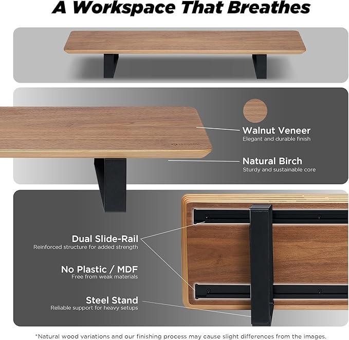Moodular Wooden Monitor Stand 33.4” (85cm) Desk Organizer with Metal Slide Rails for Drawer Tray Laptop Tablet Phone &amp Headphones Customizable Riser for Organized Workspace Walnut MS85-W