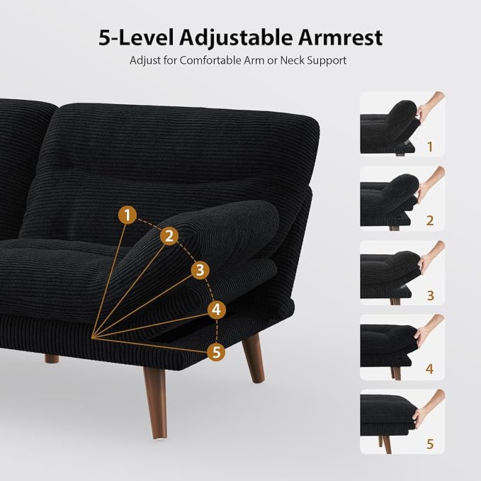 Pipishell Futon Sofa Bed Modern 66 Futon Couch Convertible to Bed &amp Lounger Compact Size Corduroy Loveseat Durable Construction - Fits Small Spaces ApartmentsStudy Room(Ink Black 66 Inch)