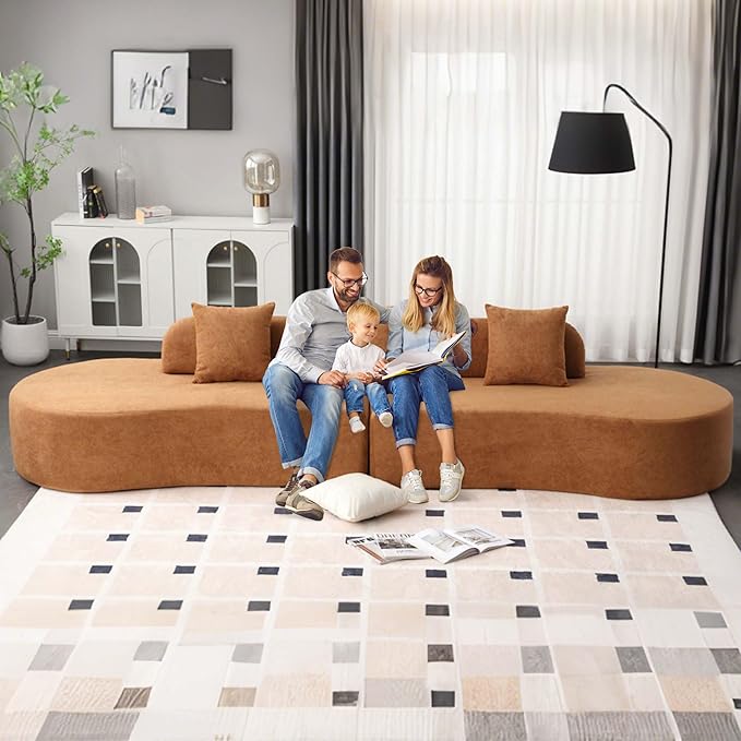 130.5” Oversized Curved Sectional Sofa Modern Cloud Curved Couch Boneless Compression Sofa with 3 Pillows for Living Room Apartment Office No Assembly Required Terrycloth Fabric Brown