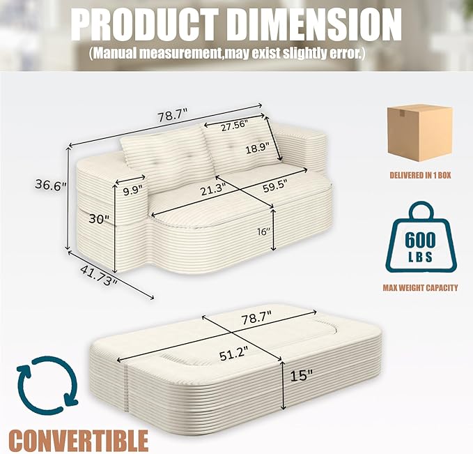 78.7-inch Folding futon Sofa Bed Full-Size Convertible Sleeper Couch Bed Memory Sponge Double Sofa with Comfortable Mattress Suitable for Living Room and Guest Room (beige 78.7 inches)