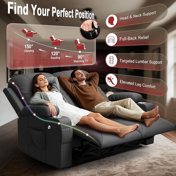 2026 Fabric Loveseat Recliner Sofa 2 Seater Reclining Loveseat Sofa RV Loveseat Couch Modern Recliner Chair for Living Room with Cup Holder and 2 Cell Phone Holders USB Ports Gray