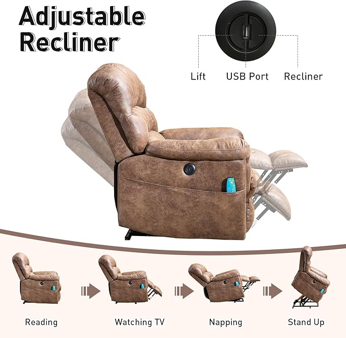 Bonzy Home Power Lift Chairs Recliner with Massage and Heating Electric Recliner Chair with 24 Wide Seat for Big People Full Padded Backrest Waterproof Faux Leather USB Charging Ports Brown