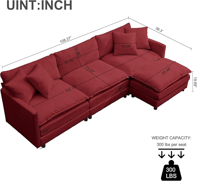 108 Cloud Sectional Couches for Living RoomConvertible L-Shape Couch with Ottoman3 Seater Modular Sectional Sofa with Pillows (Red 3 Seater + 1 Ottoman)